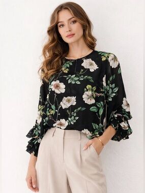 Black Floral Ruffle Chiffon Blouse Small Boho Romantic Sheer Top